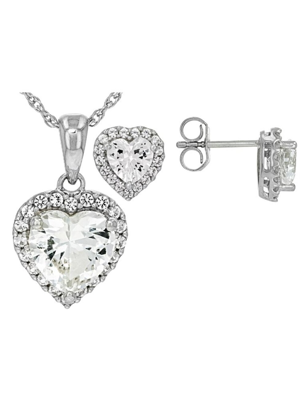 JTV Sterling & Created White Sapphire Heart Necklace & Earrings set, 4.30ctw